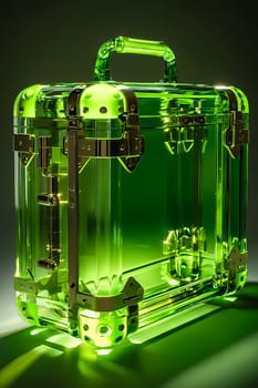 A green suitcase with a gold handle sits on a table. The suitcase is made of clear plastic and has a shiny, metallic appearance. Concept of luxury and sophistication. Generative AI