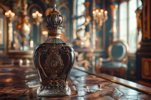 A bottle of perfume sits on a table in a room with gold accents. The bottle is ornate and has a crown on top. Generative AI