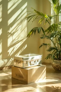 A suitcase is sitting on top of a box in a room with a large plant in the background. The sunlight is shining on the suitcase, creating a warm and inviting atmosphere. Generative AI