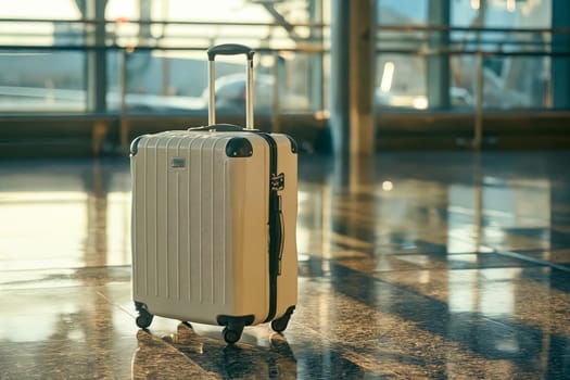 A tan suitcase sits on the floor in a terminal. The suitcase is open and ready to be packed. Generative AI