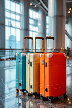 Four suitcases of different colors are lined up in a hallway. The suitcases are blue, yellow, orange, and green. Generative AI