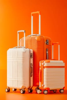 Three suitcases of different colors are stacked on top of each other. The suitcases are white and orange, and they are placed on a red background. Concept of travel and adventure. Generative AI