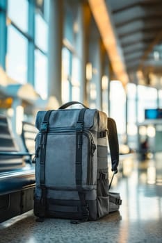 A grey backpack is sitting on a bench in an airport. The backpack is large and has a black strap. The scene is set in a terminal, with a few other benches and chairs visible in the background. Generative AI