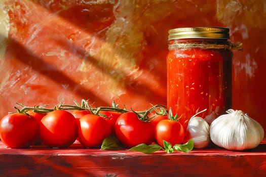 A jar of tomato sauce sits on a table next to a bunch of tomatoes and garlic. The jar is full and the tomatoes are ripe and ready to be eaten. Generative AI