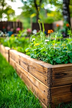 A wooden box with a bunch of flowers in it. The flowers are yellow and orange. The box is on a grassy area. Generative AI