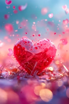 A heart is surrounded by pink flowers and is partially covered in water. The image has a romantic and dreamy feel to it. Generative AI