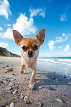 A small dog is walking on a beach with a blue sky in the background. The dog is looking at the camera, and the scene has a peaceful and relaxing mood. Generative AI