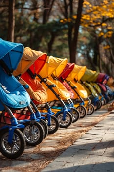 A row of colorful strollers are lined up on a sidewalk. The strollers are of different colors and sizes, and they are all parked next to each other. The scene gives off a sense of organization. Generative AI