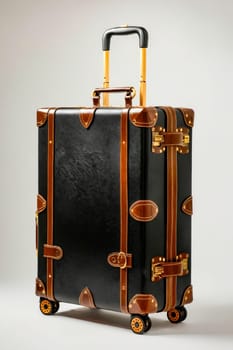 A black suitcase with a brown handle sits on a white background. The suitcase is made of leather and has a gold handle. Generative AI