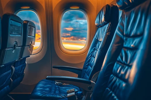A blue airplane seat with a window in front of it. The window is open and the sky is visible. Generative AI