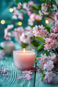 A candle is lit in a glass on a wooden table. The table is surrounded by pink flowers. The candle and flowers create a warm and inviting atmosphere. Generative AI