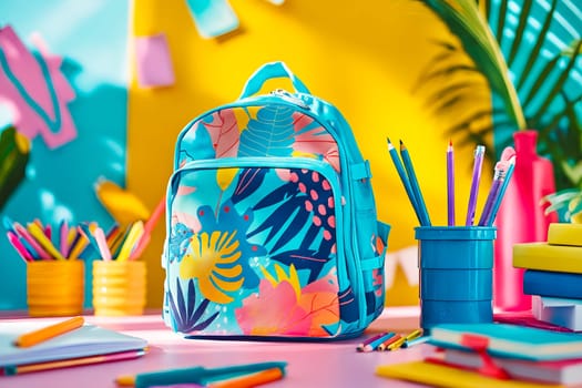A colorful backpack with a tropical print sits on a desk with a pencil case and a stack of books. Concept of creativity and learning, as the backpack. Generative AI