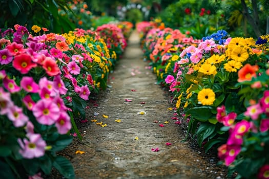A path lined with colorful flowers leads to a garden. The flowers are in full bloom and are of various colors, including pink, yellow, and blue. The path is surrounded by bushes and trees. Generative AI