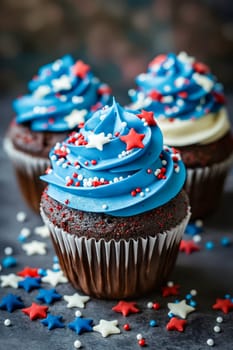 Three cupcakes with blue frosting and red and white sprinkles on top. The sprinkles are stars and the cupcakes are decorated to look like they are celebrating Independence Day. Generative AI