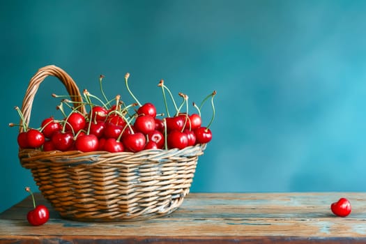 A basket full of red cherries on a wooden table. The cherries are ripe and ready to be eaten. The scene is inviting. Generative AI