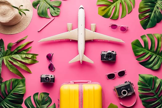 A yellow suitcase is surrounded by a variety of items, including a camera, sunglasses, and a hat. The scene is set on a pink background, giving it a tropical and vacationy feel. Generative AI