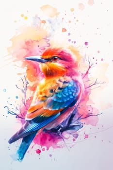 A colorful bird with a blue wing and a red tail is perched on a branch. The bird's bright colors and the splatters of paint around it create a lively and vibrant atmosphere. Generative AI
