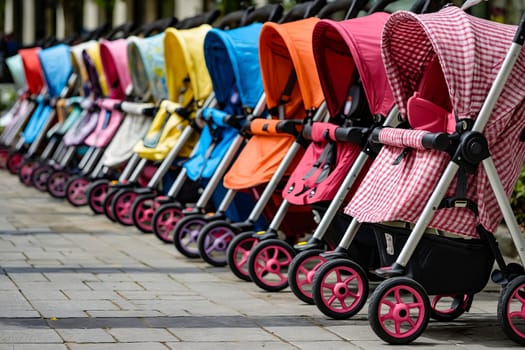 A row of colorful strollers lined up on a sidewalk. The strollers are of different colors and designs, including pink and blue. Generative AI