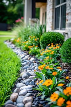 A rock garden with orange flowers and bushes. The garden is on the side of a house. Generative AI