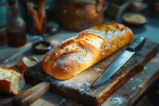 A loaf of bread with a knife on a wooden cutting board. The bread is sliced and ready to be eaten. Generative AI