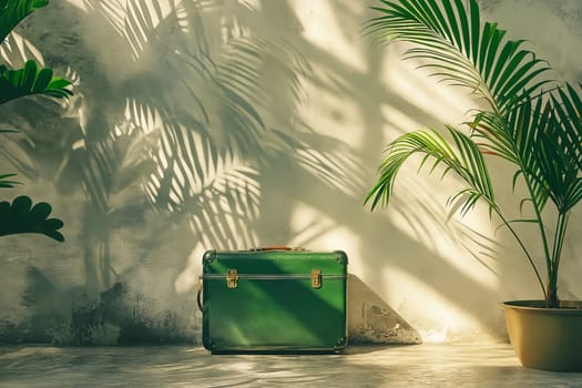 A green suitcase is sitting on a concrete floor in front of a wall. The suitcase is open and the handle is visible. The scene is set in a room with a potted plant in the background. Generative AI