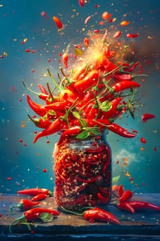 A jar full of red peppers is on a table. Generative AI