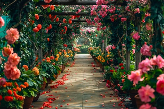 A long walkway with a variety of flowers and plants. The flowers are in different colors and sizes, and there are potted plants along the way. The walkway is lined with benches for people to sit. Generative AI