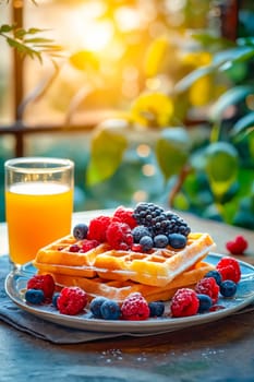 A plate of waffles with berries and a glass of orange juice. Generative AI