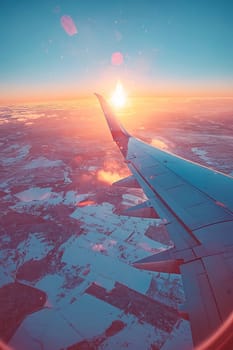 A plane wing is seen in the sky with a sun in the background. The sun is setting, creating a warm and peaceful atmosphere. Generative AI