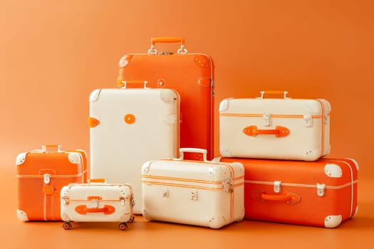 A row of luggage with orange handles and white luggage. The luggage is stacked on top of each other. Generative AI