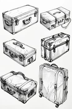 A series of six different sized suitcases are drawn in black and white. The suitcases vary in size and shape, with some being larger and others smaller. Scene is one of travel and adventure. Generative AI