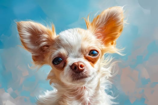 A cute white and tan dog with blue eyes is staring at the camera. The dog's fur is fluffy and it has a small nose. The image has a playful and friendly mood. Generative AI