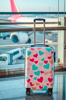 A suitcase with hearts on it sits on the floor in front of an airport. The suitcase is colorful and has a playful design, which suggests that the owner is likely a fun and adventurous person. Generative AI