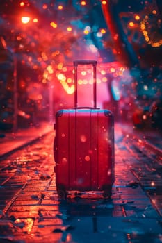 A red suitcase is sitting on a wet sidewalk. The suitcase is surrounded by a blurry background, giving the image a dreamy, ethereal quality. Generative AI
