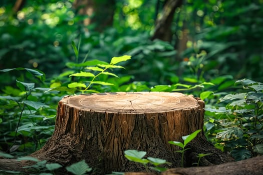 A large tree stump sits in a lush green forest. The stump is surrounded by a variety of green plants and leaves, creating a serene and peaceful atmosphere. Generative AI