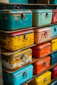 A row of colorful metal boxes stacked on top of each other. The boxes are of different colors and sizes, and they appear to be old and worn. Scene is nostalgic and somewhat whimsical. Generative AI