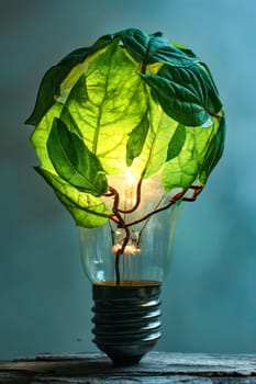 A light bulb is covered in leaves and is lit up. The bulb is a symbol of energy and life, and the leaves represent nature and growth. Concept of harmony between technology and the natural world. Generative AI