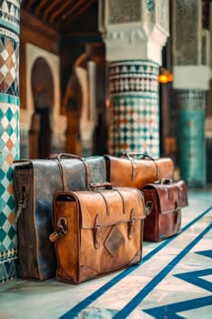 Four leather bags are lined up against a wall. The bags are of different sizes and colors, and they appear to be old and well-worn. Concept of nostalgia and a connection to the past. Generative AI