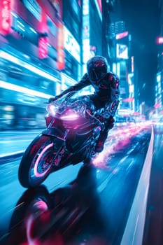 A man is riding a motorcycle in a city at night. The neon lights of the city create a vibrant and energetic atmosphere. Generative AI
