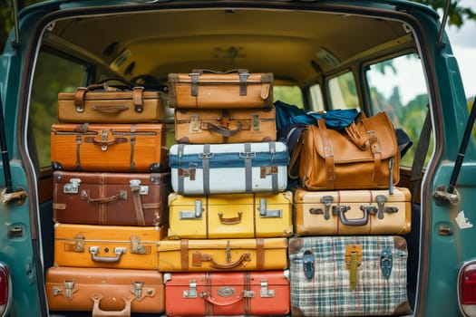 A blue car is filled with luggage, including a yellow suitcase. The luggage is piled high in the back of the car, creating a sense of excitement and adventure. Generative AI