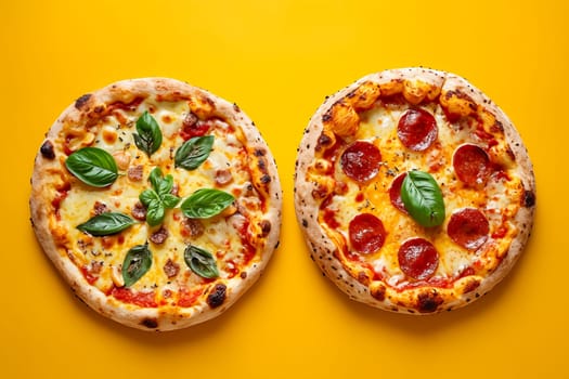 Two pizzas with different toppings, one with pepperoni and the other with basil. The pizzas are placed on a yellow background. Generative AI