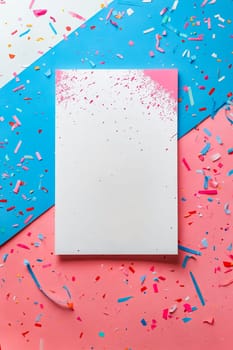 A white piece of paper with a pink and blue border. The paper is empty and has a lot of colorful confetti on it. Generative AI