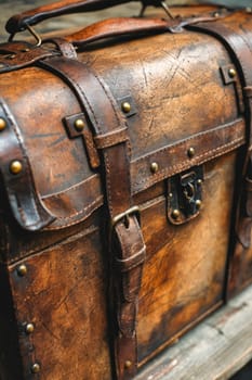 A brown leather suitcase with brass hardware and a gold buckle. The suitcase is old and worn, with a vintage look. Generative AI