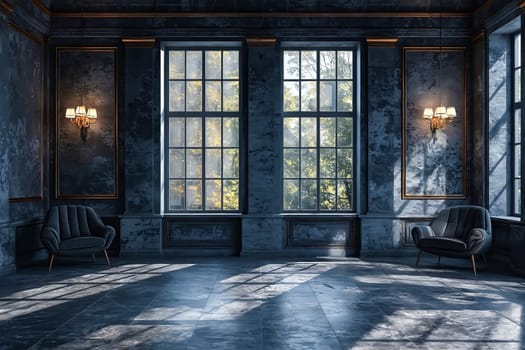 A large room with two windows and two chairs. The room is empty and has a very modern and minimalist design. Generative AI