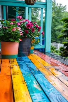 A colorful wooden deck with a rainbow of colors and a variety of potted plants. The deck is wet from rain, and the plants are arranged in different pots, creating a vibrant and lively atmosphere. Generative AI
