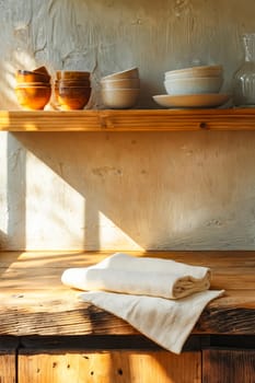 A wooden shelf with a white towel on it. The towel is folded and placed on a wooden table. Generative AI