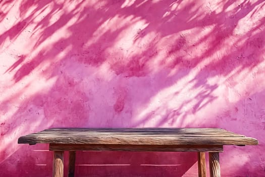 A wooden bench is sitting in front of a pink wall. Generative AI