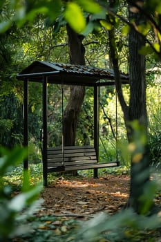 A wooden swing is in a forest with a roof over it. The swing is empty and the forest is lush and green. Generative AI