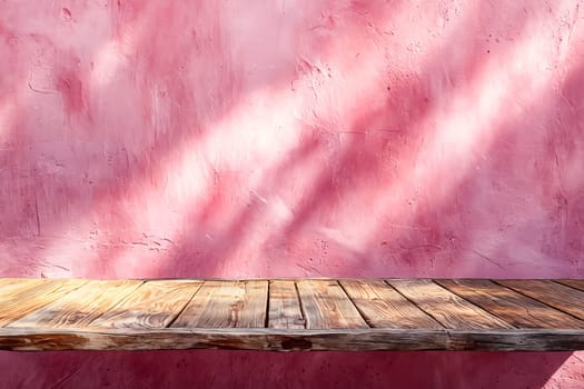 A pink wall with a wooden shelf on it. Generative AI