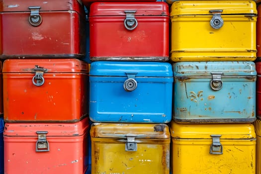 A row of old metal boxes in various colors, including red, blue, and yellow. The boxes are stacked on top of each other, creating a sense of depth and dimension. Generative AI